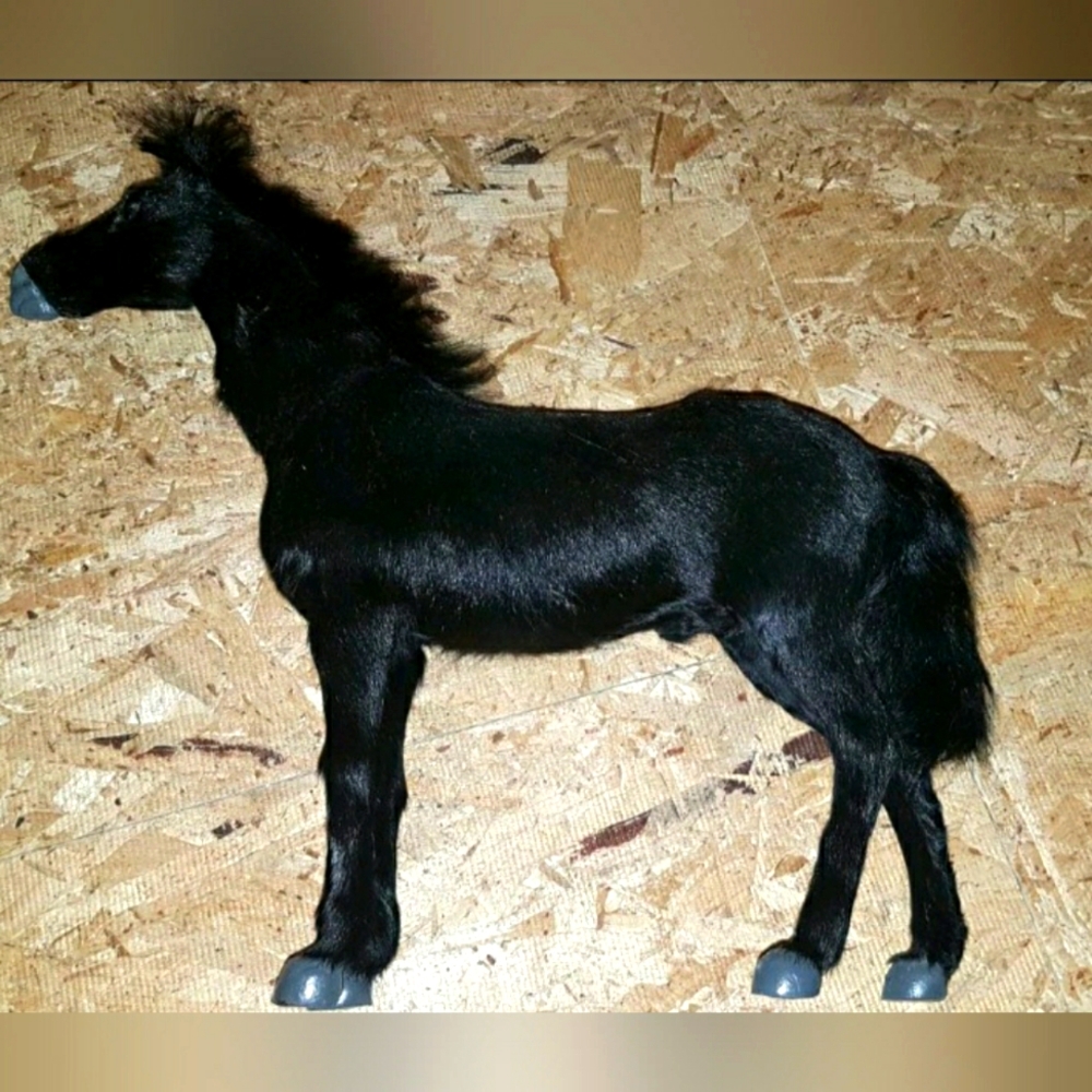 Vtg Real Fur Black Stallion Horse Statue